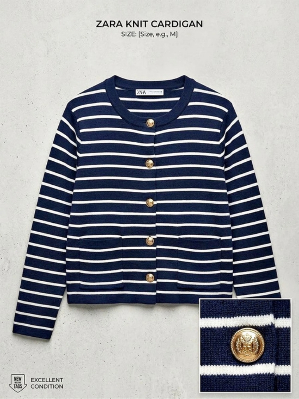 Zara Striped Knit Cardigan with Gold Buttons Blue & White Medium
